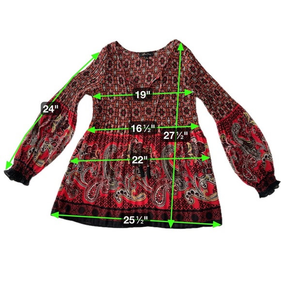 Melissa Paige Boho Peasant Tunic Top Red Paisley Print Long Sleeve Size M - Picture 13 of 16